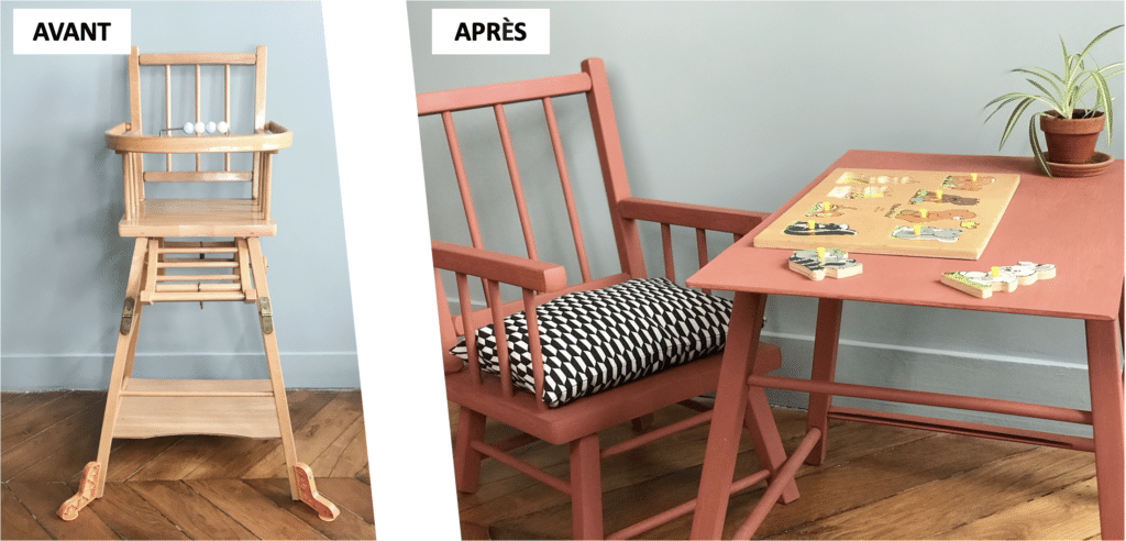 Avant / Après la transformation de la chaise haute Combelle en chais et table pour bébé